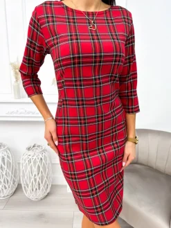 Czerwona Sukienka w Kratę  11290-97-Q|Modna Kiecka New