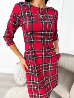 Czerwona Sukienka w Kratę 11099-244-Q|Modna Kiecka Fashion