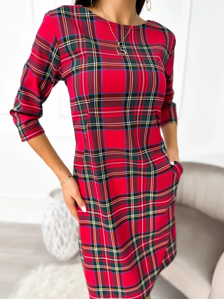 Czerwona Sukienka w Kratę 11099-244-Q|Modna Kiecka Fashion