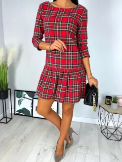 Czerwona Sukienka w Kratę  7076-400-Q|Modna Kiecka Discount