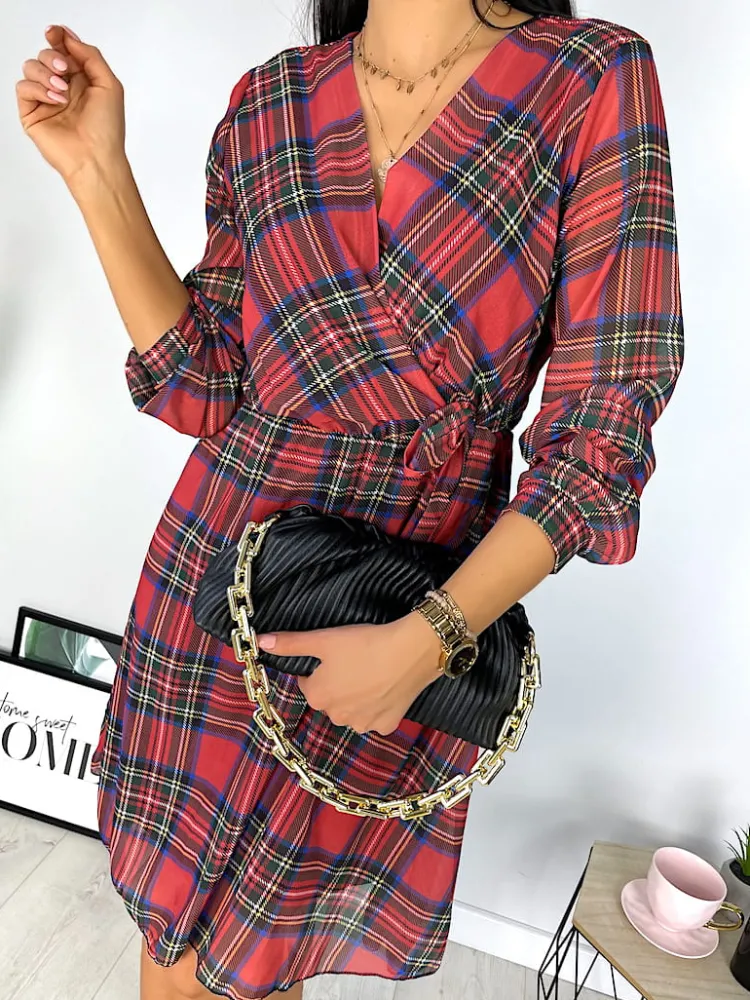 Czerwona Sukienka w Kratę 7198-411-Q|Modna Kiecka Outlet