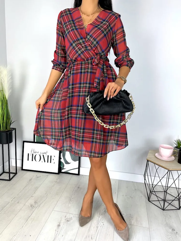 Czerwona Sukienka w Kratę 7198-411-Q|Modna Kiecka Outlet