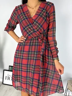 Czerwona Sukienka w Kratę 7198-411-Q|Modna Kiecka Outlet
