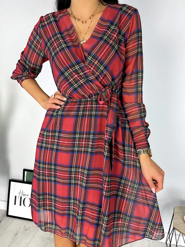 Czerwona Sukienka w Kratę 7198-411-Q|Modna Kiecka Outlet