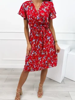 Czerwona Sukienka w Kwiatki 12362-409-B|Modna Kiecka Outlet