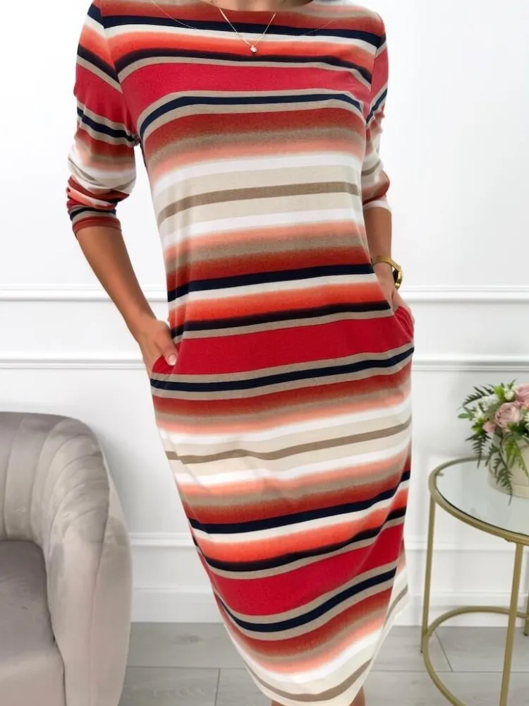 Czerwona Sukienka w Pasy z Kieszeniami 13598-206-A|Modna Kiecka Discount