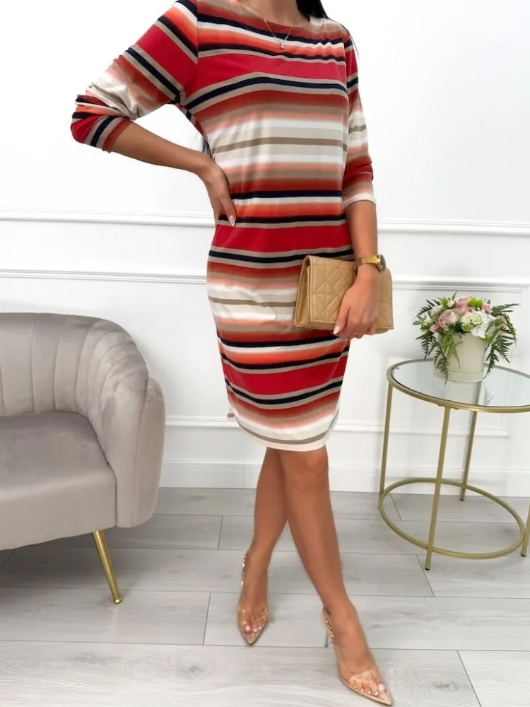 Czerwona Sukienka w Pasy z Kieszeniami 13598-206-A|Modna Kiecka Discount