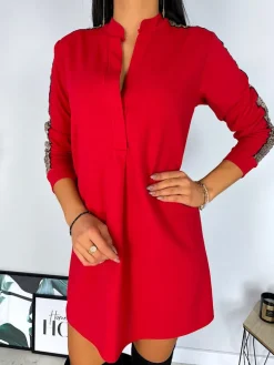 Czerwona Sukienka z Cekinowym Lampasem 6832-506-C|Modna Kiecka Best