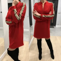 Czerwona Sukienka z Cekinowym Lampasem 6832-506-C|Modna Kiecka Best