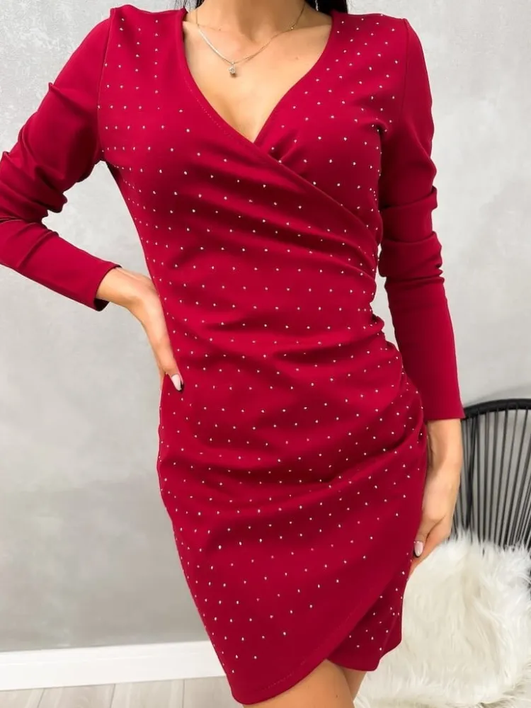 Czerwona Sukienka z Cyrkoniami i Marszczeniem 13215-514-D|Modna Kiecka Fashion