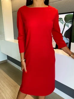 Czerwona Sukienka z Kieszeniami 11372-219-I|Modna Kiecka Online