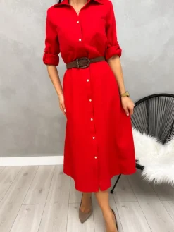 Czerwona Sukienka z Kieszonkami i Paskiem 13159-78-C|Modna Kiecka Discount