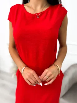 Czerwona Sukienka z Kieszeniami 9934-505-L|Modna Kiecka Online
