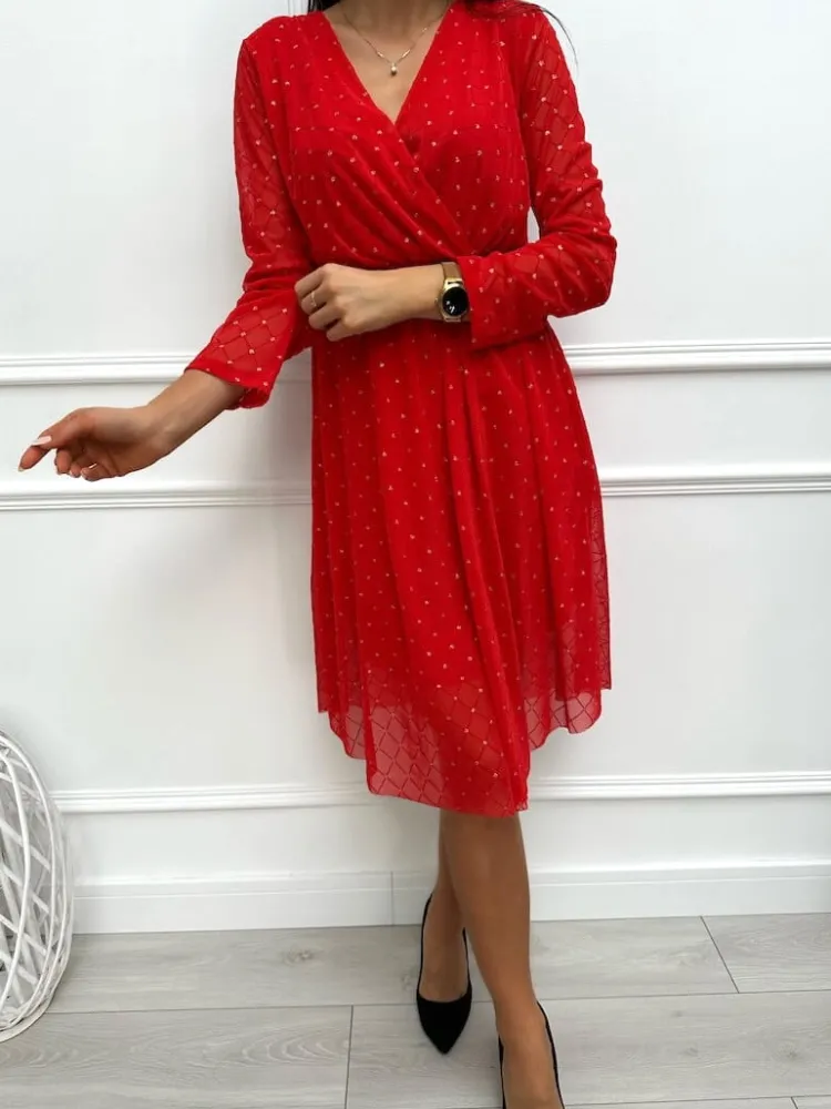 Czerwona Sukienka z Kopertowym Dekoltem 13323-254-C|Modna Kiecka Discount