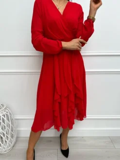 Czerwona Sukienka z Kopertowym Dekoltem 13355-135-C|Modna Kiecka Fashion