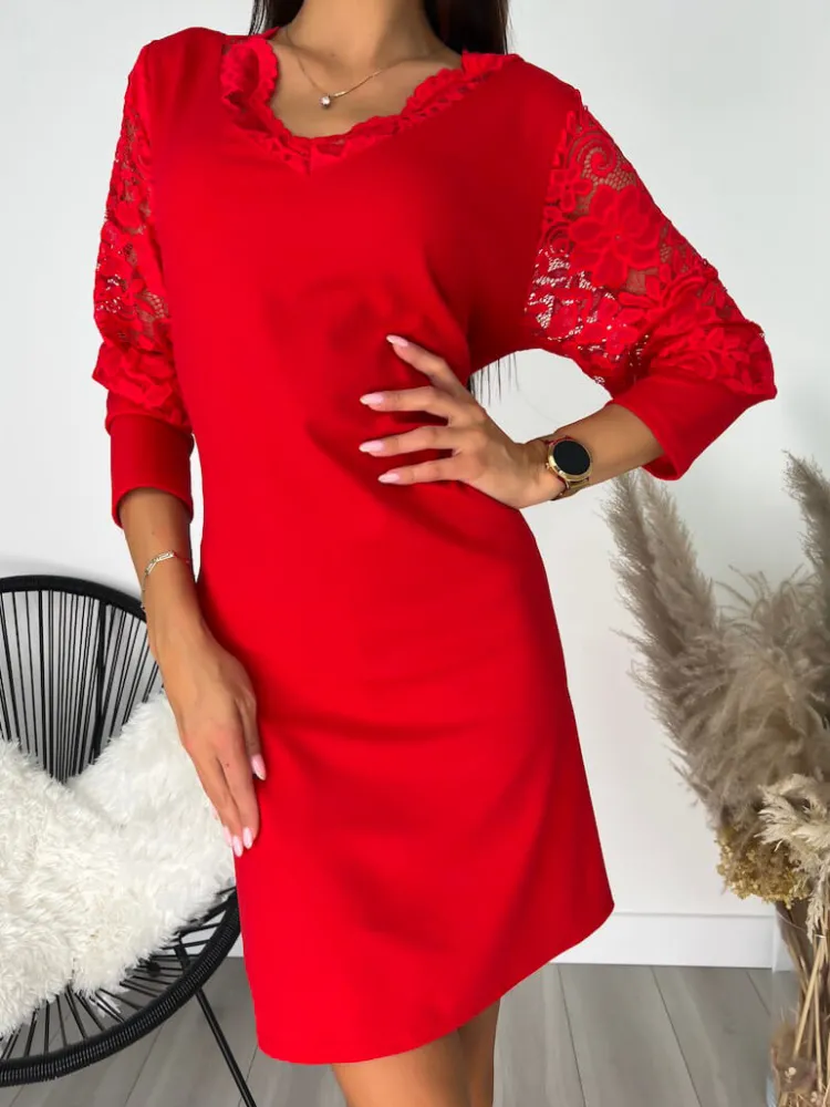 Czerwona Sukienka z Koronką 11450-511-B|Modna Kiecka Discount