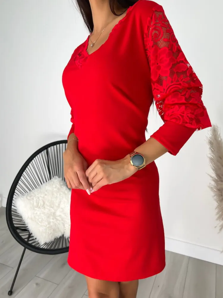 Czerwona Sukienka z Koronką 11450-511-B|Modna Kiecka Discount