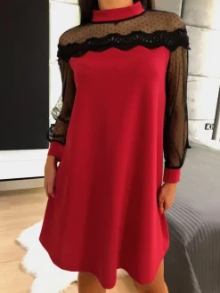 Czerwona Sukienka z Koronką 7123-09-C|Modna Kiecka Sale