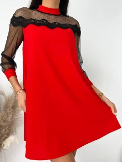 Czerwona Sukienka z Koronką 7123-09-C|Modna Kiecka Sale