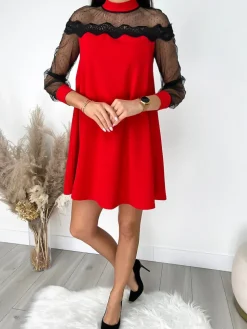 Czerwona Sukienka z Koronką 7123-09-C|Modna Kiecka Sale