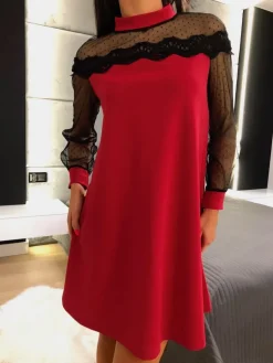 Czerwona Sukienka z Koronką 7123-09-C|Modna Kiecka Sale