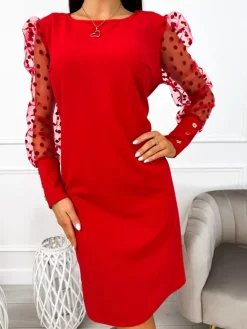 Czerwona Sukienka z Ozdobnym Rękawem 11043-30-B|Modna Kiecka Sale
