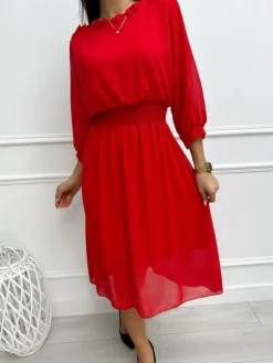 Czerwona Sukienka z Ozdobnym Dekoltem 13352-123-D|Modna Kiecka Outlet