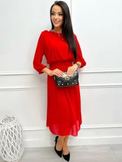 Czerwona Sukienka z Ozdobnym Dekoltem 13352-123-D|Modna Kiecka Outlet