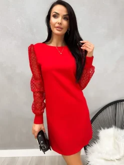 Czerwona Sukienka z Ozdobnym Rękawem 13230-115-A|Modna Kiecka Discount