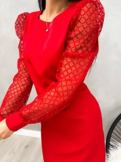 Czerwona Sukienka z Ozdobnym Rękawem 13230-115-A|Modna Kiecka Discount