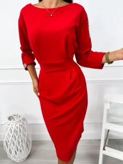 Czerwona Sukienka z Ozdobnym Rękawem 12886-70-B|Modna Kiecka New