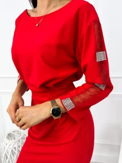 Czerwona Sukienka z Ozdobnym Rękawem 12886-70-B|Modna Kiecka New
