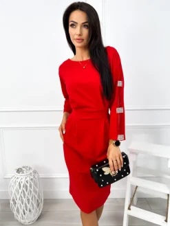 Czerwona Sukienka z Ozdobnym Rękawem 12886-70-B|Modna Kiecka New