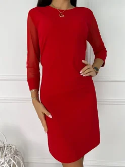 Czerwona Sukienka z Ozdobnym Rękawem 11449-266-F|Modna Kiecka Fashion