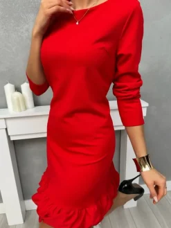Czerwona Sukienka z Ozdobnym Dołem 13420-01-B|Modna Kiecka Online