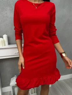 Czerwona Sukienka z Ozdobnym Dołem 13420-01-B|Modna Kiecka Online