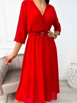 Czerwona Sukienka z Paskiem 11143-406-B|Modna Kiecka Hot