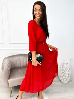 Czerwona Sukienka z Paskiem 11143-406-B|Modna Kiecka Hot