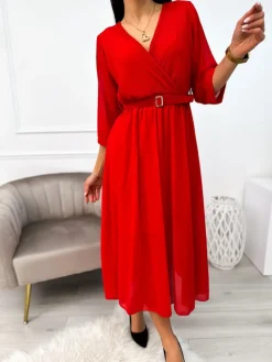 Czerwona Sukienka z Paskiem 11143-406-B|Modna Kiecka Hot