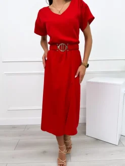 Czerwona Sukienka z Paskiem 12387-406-C|Modna Kiecka Sale