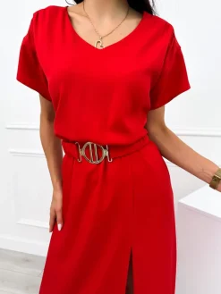 Czerwona Sukienka z Paskiem 12387-406-C|Modna Kiecka Sale