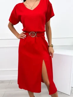 Czerwona Sukienka z Paskiem 12387-406-C|Modna Kiecka Sale