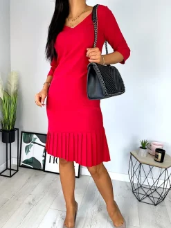 Czerwona Sukienka z Plisowaną Falbanką 11390-416-B|Modna Kiecka Online