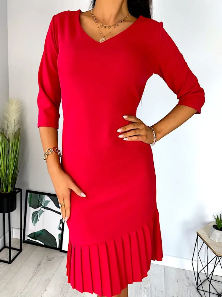 Czerwona Sukienka z Plisowaną Falbanką 11390-416-B|Modna Kiecka Online
