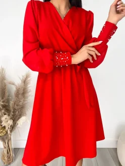 Czerwona Sukienka z Wiązaniem 9201-216-B|Modna Kiecka New