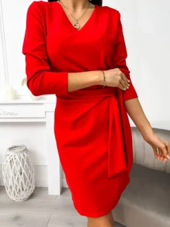 Czerwona Sukienka z Wiązaniem 11339-300-B|Modna Kiecka Discount
