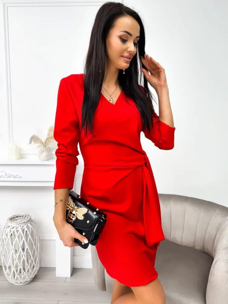 Czerwona Sukienka z Wiązaniem 11339-300-B|Modna Kiecka Discount