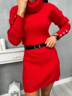 Czerwona Sweterkowa Sukienka z Golfem 13395-355-D|Modna Kiecka Discount