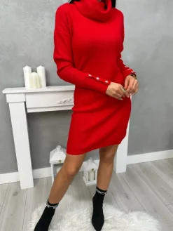 Czerwona Sweterkowa Sukienka z Golfem 13395-355-D|Modna Kiecka Discount