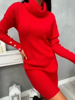 Czerwona Sweterkowa Sukienka z Golfem 13395-355-D|Modna Kiecka Discount